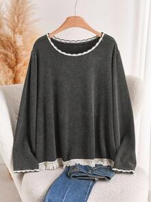 CosyJoli Áo thun cổ tròn họa tiết hoa tuyết giặt có họa tiết thường ngày cỡ lớn - màu đen - Xem 4