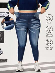 Flexra Plus Size Women's Lightweight Sporty Denim Jeans With Distressed Wash, High Stretch Skinny Fit