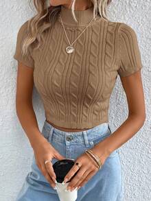 Siren Gaze Women's Solid Color High Neck Raglan Short Sleeve Casual Twist Knit Cropped Top Autumn Winter Clothes For Women Summer - Camel - View 2