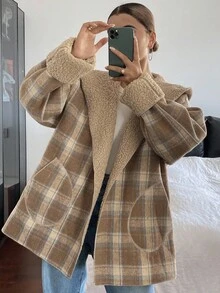 DAZY 女士宽松商务休闲通勤优雅双面仿羊羔绒夹克，格子撞色连帽卫衣，常规版型，秋冬女式外套 - 卡其色 - 查看 6