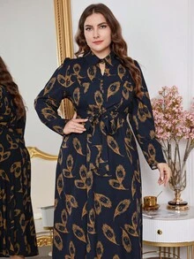 Modelyn Plus Size Casual Full Print Shirt Dress For Spring & Autumn, Elegant A Line Dresses, For Casual Daily/Travel/Work/Party Maxi Women Outfit Fall - Navy Blue - View 4