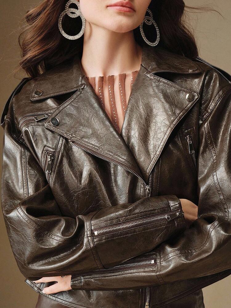 ビンテージ テクスチャード フェイクレザージャケット、秋冬、外出、エレガント、フォーマル、パーティー、シック、新年、クリスマス、仕事、卒業式、結婚式に適しています