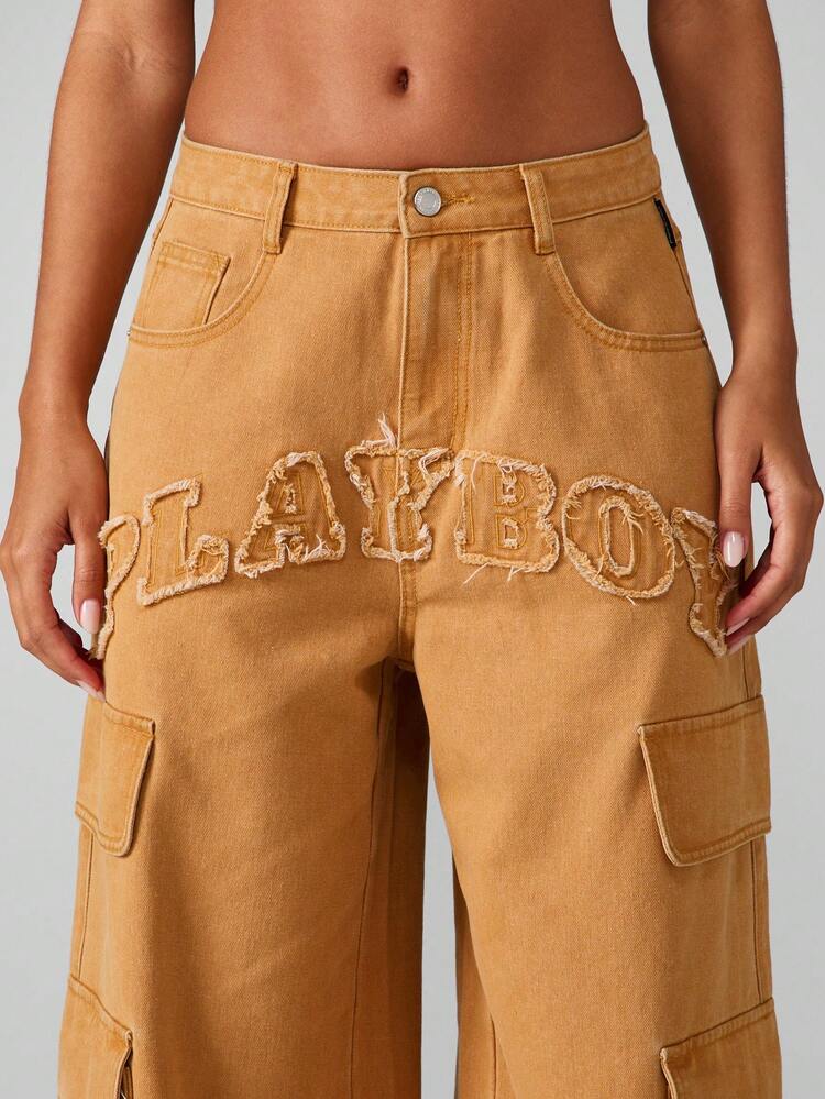 Missguided x Playboy Wide Leg Cargo Denim Jeans Distressed Applique Embroidered Y2K Fashion High Rise Utility Pants Festival Vintage Washed Baggy Streetwear