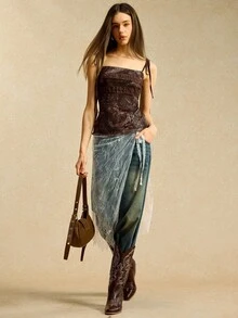 Easelle 女士花卉印花蕾丝荷叶边装饰吊带背心，适合度假穿着 - 咖啡棕 - 查看 5