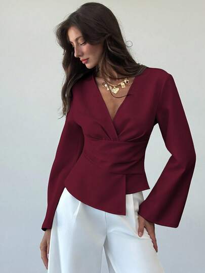 Aloruh 全新时尚通勤腰部褶饰不对称下摆长喇叭袖 V 领套头衫