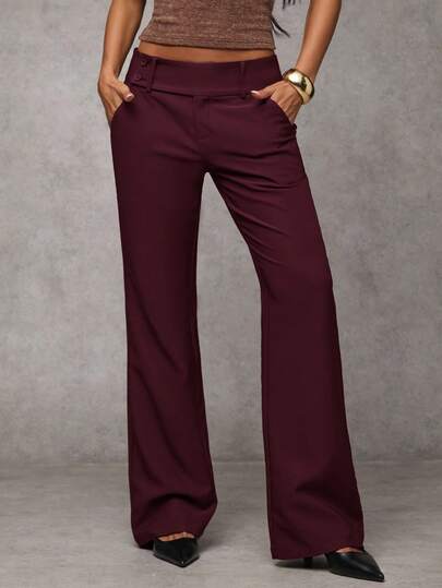SHEIN BAE Women's Solid Color Waist Button Design Pocket Casual Pants