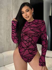 SHEIN SXY Plus Size Women Long Sleeve Flocked Bodysuit, Suitable For Nightclub Party, Autumn/Winter