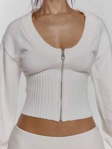 MUSERA Deep V Zip Through Ribbed Underbust Waist Sweater Sexy Going Out Night Out Winter Cute Streetwear Evening Party Elegant Spring - White - View 6