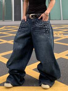 ROMWE MEN Street Life Men's Fashion Street Punk Rivet Decor Loose Wide-Leg Jeans, Belt Not Included - Dark Wash - View 6