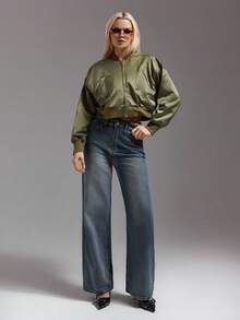 SHEIN ICON Women's Olive Green Cropped Baseball Jacket, Ribbed Collar, Loose Fit Long Sleeve Zip-Up Flight Jacket, Autumn/Winter - Army Green - View 5