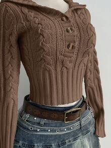 Elamini Casual Versatile Solid Color Cable Half-Zip Sweater - Brown - View 4