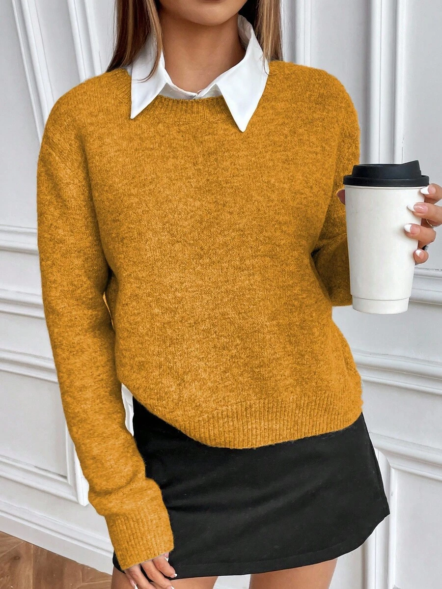 SHEIN Suéter de punto de cuello redondo de manga larga y unicolor de estilo casual - Naranja - Ver 1