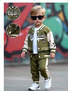 SHEIN 2件套男童美式军绿色拼布棒球夹克+抽绳裤，秋冬 - 軍綠色 - 查看 1