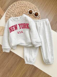 SHEIN Babygirl 可爱灰色字母印花长袖卫衣和裤子套装，秋冬 - 淺灰色 - 查看 3