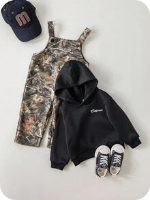SHEIN 2pcs/Set Baby Boys Thermal Lined Hoodie Sweatshirt And Camouflage Bib Pants Outfit, Comfortable Casual Fashion Daily Wear, Suitable For Indoor, Outdoor, Skiing, Sports, Party, Photo Shoot, Festival, Streetwear, Hoodies, Tracksuit, Joggers, Hip Hop Style, Autumn/Winter Baby Boy Camo Outfit Baby Boys Fall Winter Clothes Baby Boys Outfit Late Fall Camo Hunting Toddler Baby Baby Boy Hunting Clothes - White - View 5