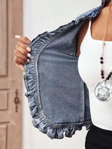 EMERY ROSE Women's Casual Washed Denim Jacket With Ruffle Trim Front Opening, Autumn - Blue - View 7