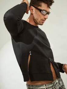 FeverCity Men's Casual Solid Color Zip-Up Sweatshirt, Autumn/Winter - Black - View 3