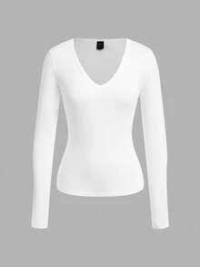 SHEIN EZwear 3件套女士深V领紧身休闲长袖T恤套装，白色，秋冬 - 白色 - 查看 4