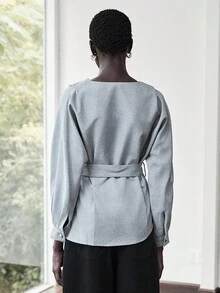 Lumivelle 女式都市时尚休闲通勤七分袖不对称下摆衬衫 - 灰色 - 查看 2