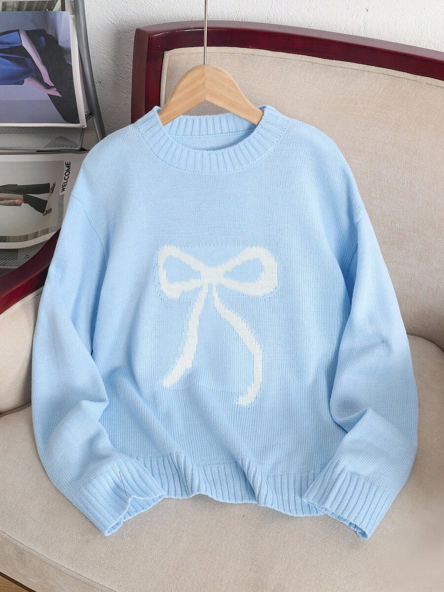 SHEIN Tween 女童宽松休闲简约舒适圆领套头蝴蝶结图案长袖毛衣 - 淺藍色 - 查看 1