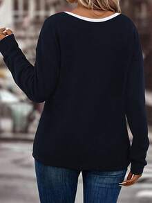 EMERY ROSE Camiseta básica de manga larga con cuello en V y bloques de color para mujer, talla grande, otoño/invierno - Azul Marino - Ver 2
