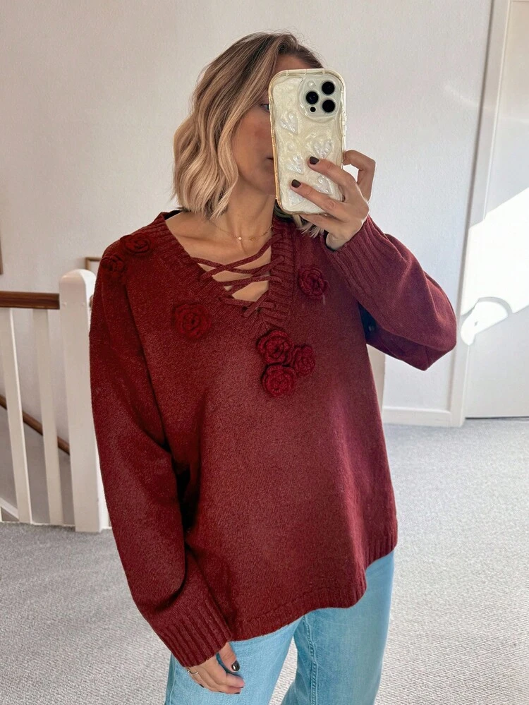 Women's V-Neck Tie Loose 3D Floral Sweater