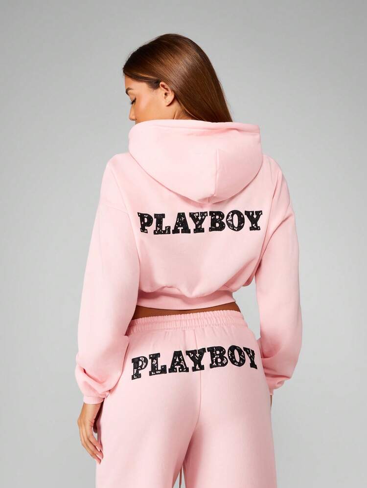 Missguided x Playboy Lace Applique Oversized Cropped Full Zip Through Hooded Sweatshirt Wide Leg Loungewear Winter Fall Casual Classic Fashion Statement