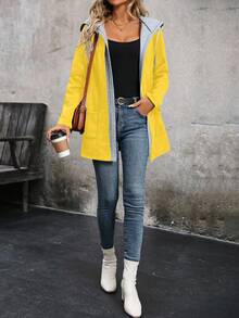 EMERY ROSE Color Block Thermal Lined Hooded Pocket Casual Long Sleeve Jacket - Yellow - View 5