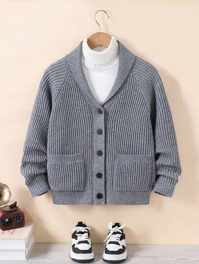 SHEIN 1pc Boys' Casual Cardigan, Turndown Collar, Long Sleeve, Symmetrical Pockets, Vertical Black Buttons, Solid Color, Loose Fit, Comfortable, Durable, Smooth Texture, Fashion Minimalist, Suitable For Everyday Wear, Essential For Autumn/Winter