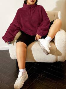 SHEIN EZwear Burgundy Casual Warm Plus Size Sweatshirt, Autumn/Winter - Burgundy - View 3