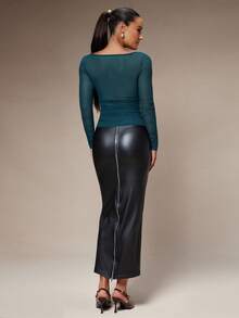 Silquee 女式纯色低胸扭纹设计长袖修身时尚性感衬衫 - 水鴨藍 - 查看 6