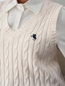 SHEIN Tall CURVE Plus Size Women's Casual V-Neck Knitted Vest With Knight Pattern, Autumn/Winter - Apricot - View 3