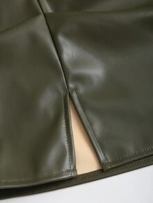 Sweetra 优雅复古高腰褶皱巴西PU皮革侧开衩A字迷你裙，Y2K风格女装 - 橄欖綠 - 查看 5