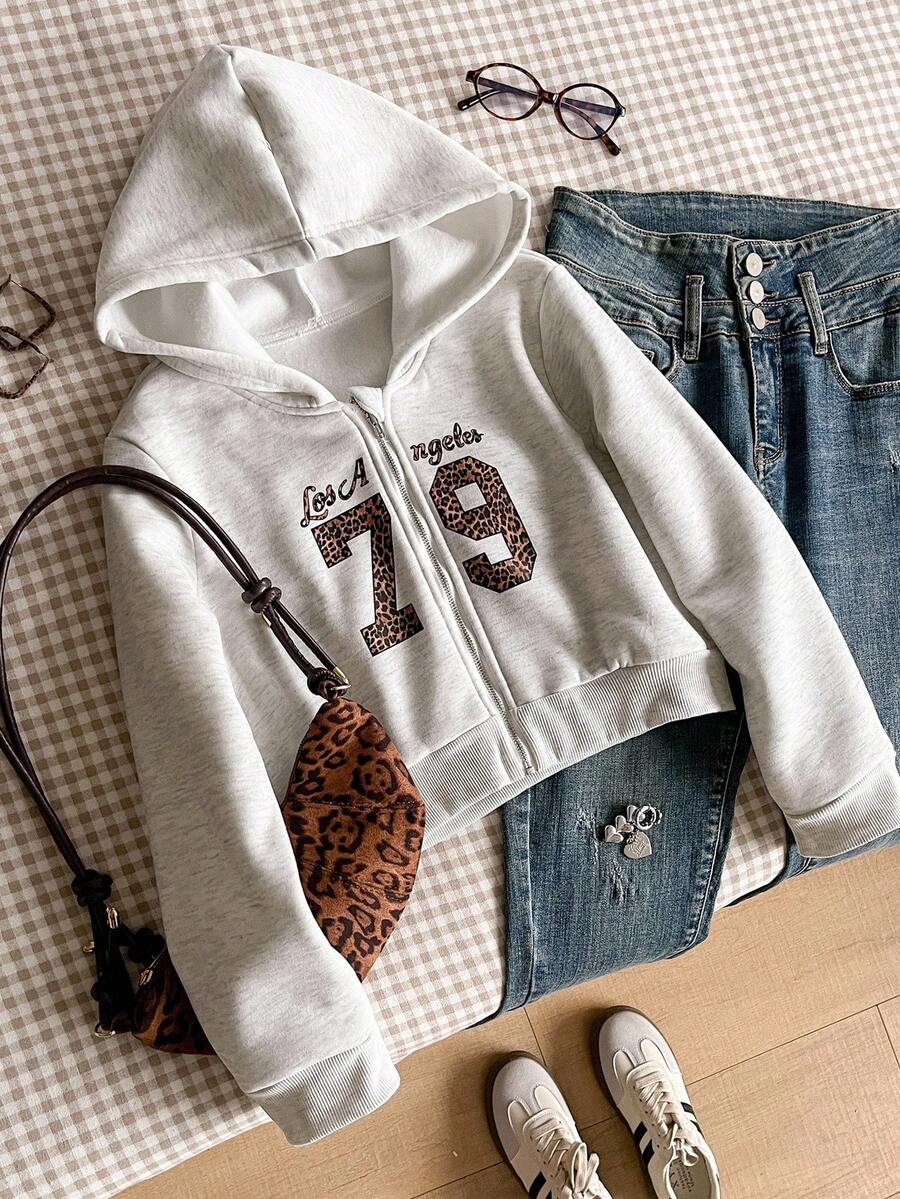 Tween Girls Casual Versatile Commuting School Sweatshirt, Zip-Up Short Numeric & Letter, Leopard Print Pattern - Light Grey - View 1