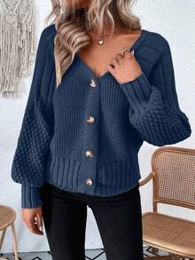 EMERY ROSE Raglan Sleeve Textured Knit Cardigan Button Up Cardigangreen Cardiganchunky Cardigan - Navy Blue - View 4