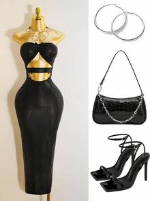 Mistrie Đầm hở lưng gợi cảm kết hợp vòng khoét rỗng cho nữ - màu đen - Xem 3