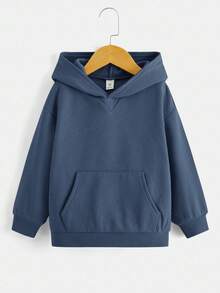 男童纯灰色翻领口袋卫衣，修身休闲日常穿着，适合秋冬季节。 - 霧霾藍 - 查看 2