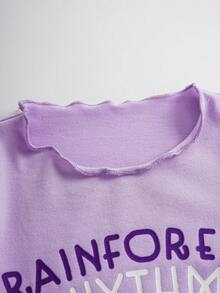 DORA | SHEIN Young Girl Cute Cartoon Letter Graphic Lettuce Trim Round Neck Gigot Long Sleeve Knit Comfortable Purple T-Shirt - Purple - View 3
