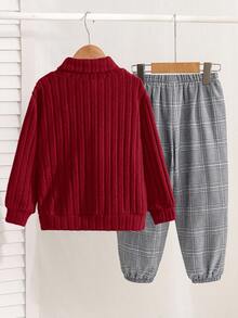 2 件套年轻男童休闲学院风舒适时尚纹理运动衫上衣和格子裤，适合开学第一天，儿童服装，小男孩服装，开学返校，男童套装，男童服装，适合日常穿着、上学、旅行、运动、秋冬季 - 紅色 - 查看 3