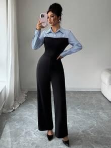 Elenzga Women's Elegant Casual Commute Daily Outing Striped Patchwork Jumpsuit With Buttons