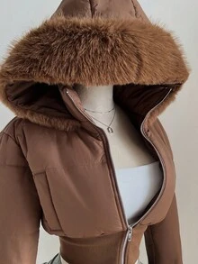 Elamini Áo khoác lông ngắn cổ đứng tay dài, có mũ trùm đầu, thắt eo, màu mơ thời trang dành cho nữ, phù hợp cho mùa thu/đông - màu nâu - Xem 4