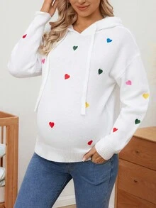 SHEIN 孕妇休闲心形刺绣抽绳连帽落肩毛衣，秋冬