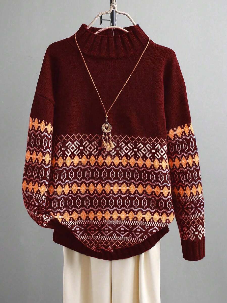 Linhara Áo len chui đầu dệt kim jacquard chắp vá cổ điển dành cho nữ, thích hợp cho lễ Halloween, năm mới, ngày lễ tình nhân, lễ tạ ơn, giáng sinh, lễ phục sinh, tiệc tùng, đêm giao thừa - Màu Đỏ Sâu - Xem 1