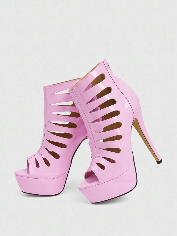 CUCCOO LuxiPop Sexy Fashion Hollow Round Head High Water Table Stiletto Casual Versatile Rear Zipper Pink Women's Short Boots