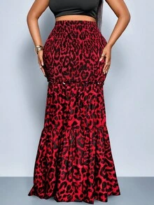 SOLERSUN 大码秋春新款特殊工艺高弹力褶皱荷叶边豹纹蛋糕裙通勤休闲性感中长半长裙适合约会晚宴酒会时尚女装 - 紅色 - 查看 5