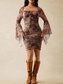 Boho Mama Vintage Floral Print Flare Sleeve Maternity Dress, Elegant For Autumn Pregnancy Photoshoot Dress Pregnant Dress Boho Maternity Dress Earth Tone Dress Sheer Dress Women  Brown  Beach Dress