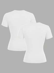 SHEIN EZwear 2pcs White Casual Basic Crew Neck Short Sleeve T-Shirts, Suitable For Spring/Summer - White - View 2