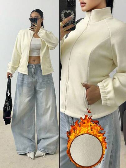 POPSWAY 大码白色休闲修身立领加厚拉链夹克