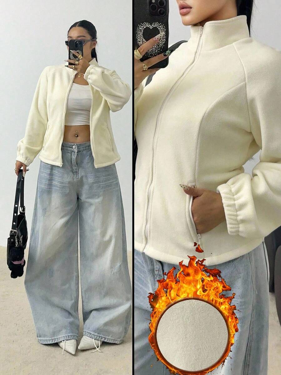 POPSWAY 大码白色休闲修身立领加厚拉链夹克 - 白色 - 查看 1