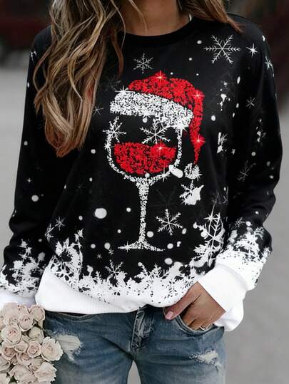 INAWLY Women Sweatshirt, Wine Glass, Snowflake Christmas Hat, Christmas Element Full Printed Pattern, Cute, Funny And Humorous Christmas Gifts,Girlfriend And Best Friend Gift, Couple Gift, Christmas Gift, Suitable For Home Wear, Long-Sleeved Fleece Warm Autumn And Winter Knitted Sweater, 2025 New Style Women Sweatshirt